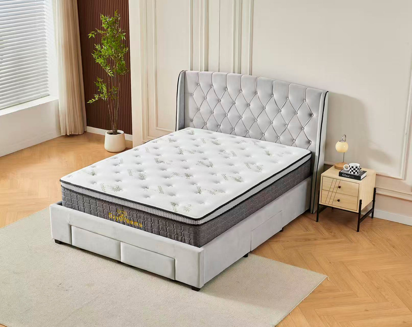 Tufted Bed Frame Light Grey (4 Drawers) + 30cm Pillow Top Bamboo Mattress