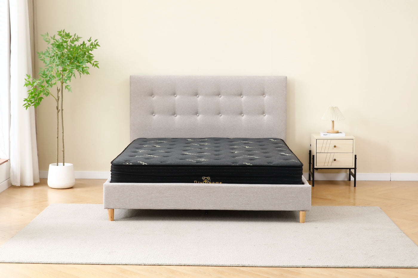 Light Grey Tiffany upholstered bed + Charcoal 20cm bamboo mattress