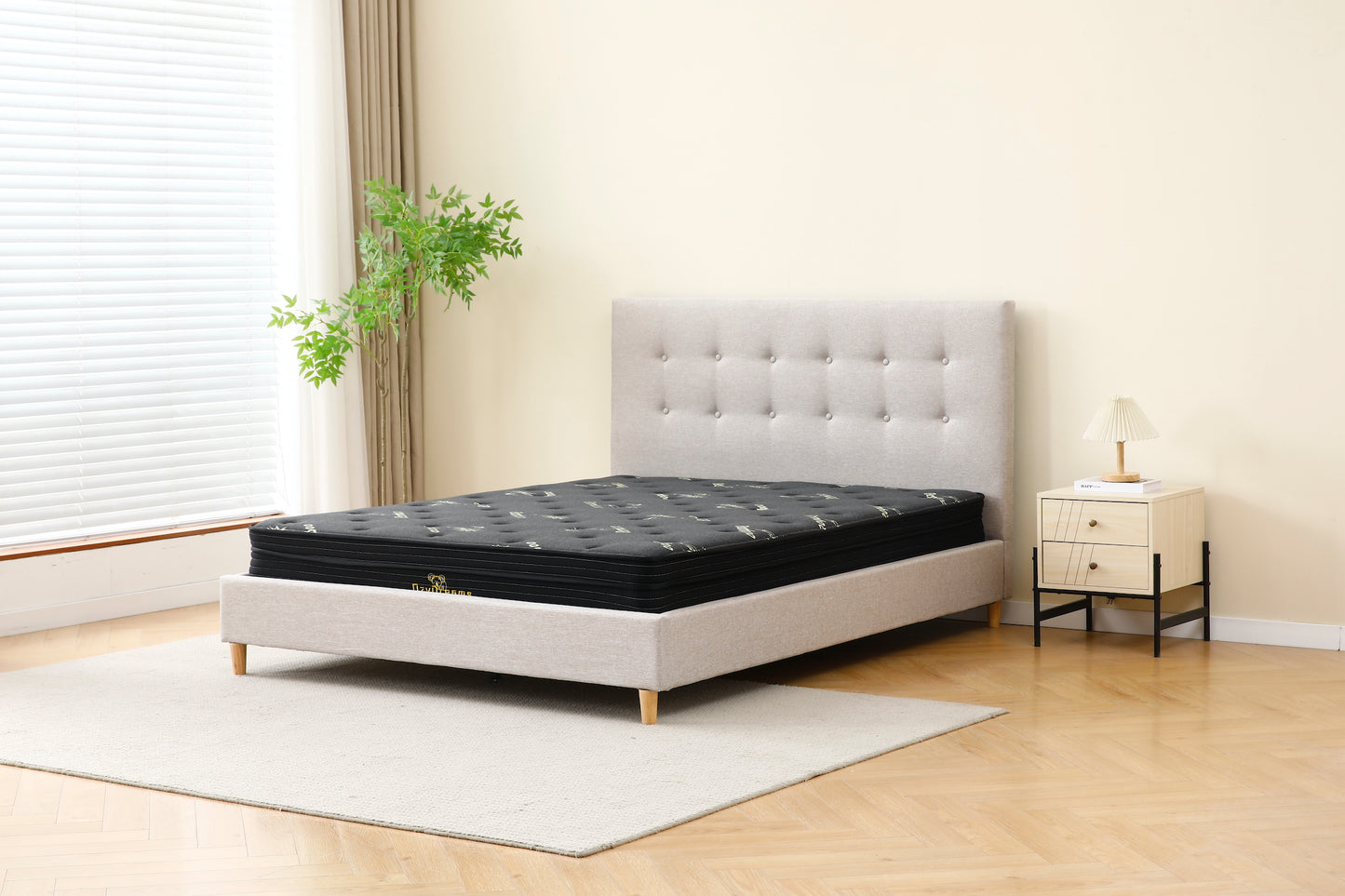 Light Grey Tiffany upholstered bed + Charcoal 20cm bamboo mattress