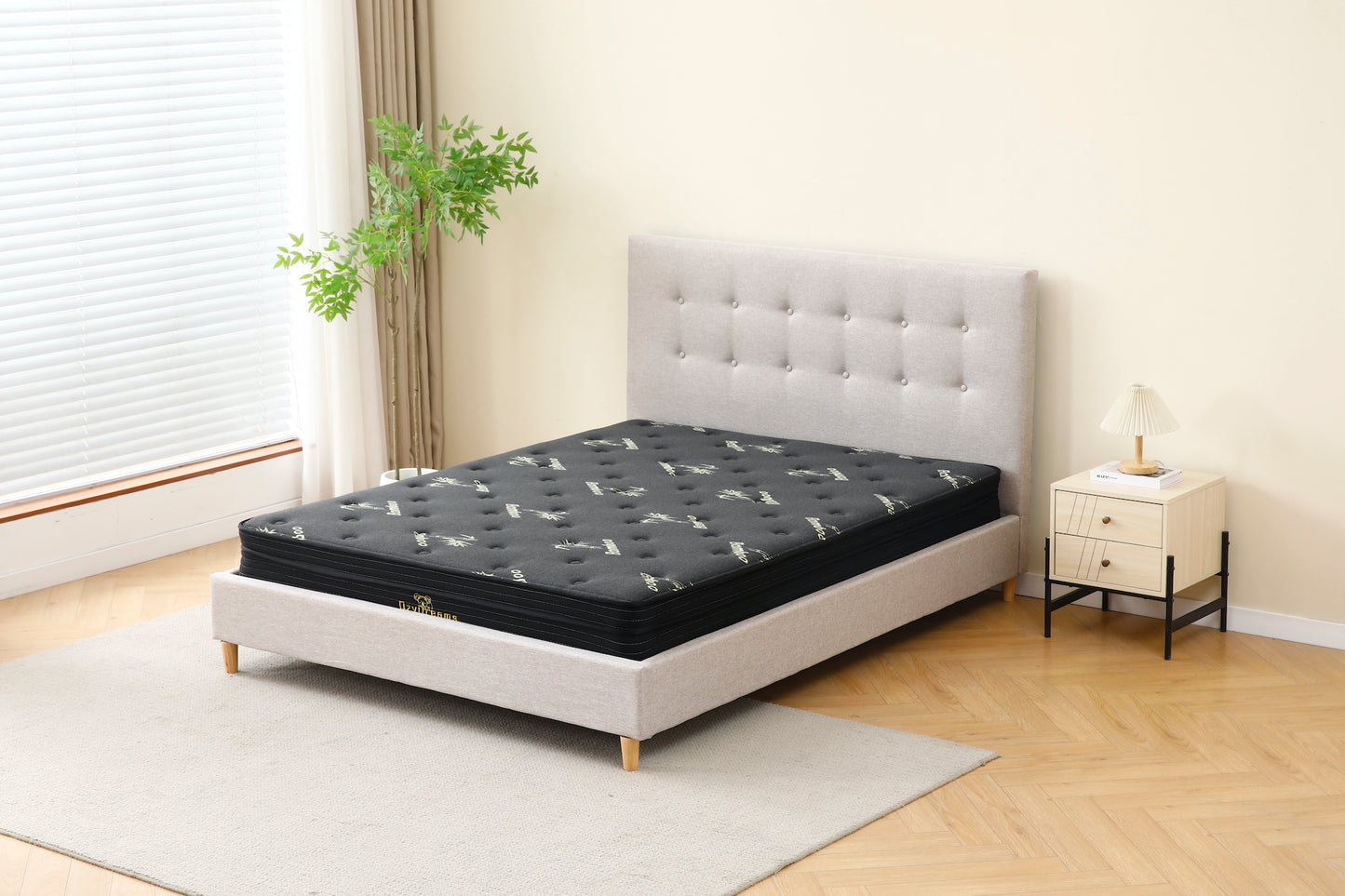 Light Grey Tiffany upholstered bed + Charcoal 20cm bamboo mattress