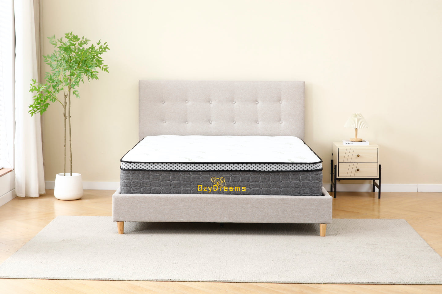 Light Grey Tiffany upholstered bed + White 30cm pillow top bamboo mattress