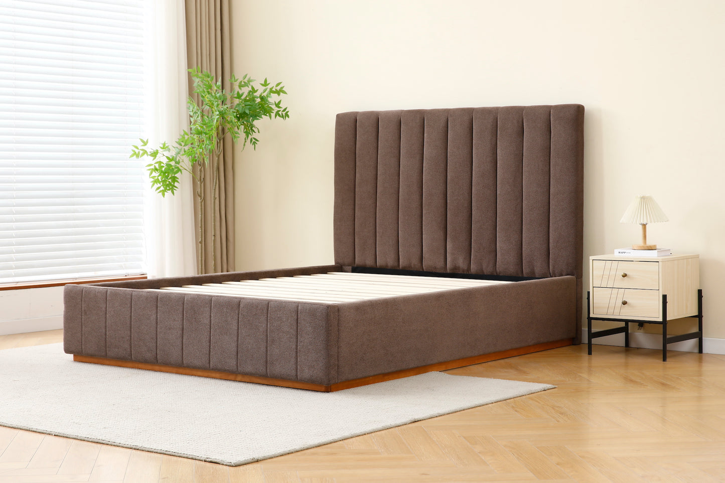 Brown Channel Tufted Linen Bed Frame