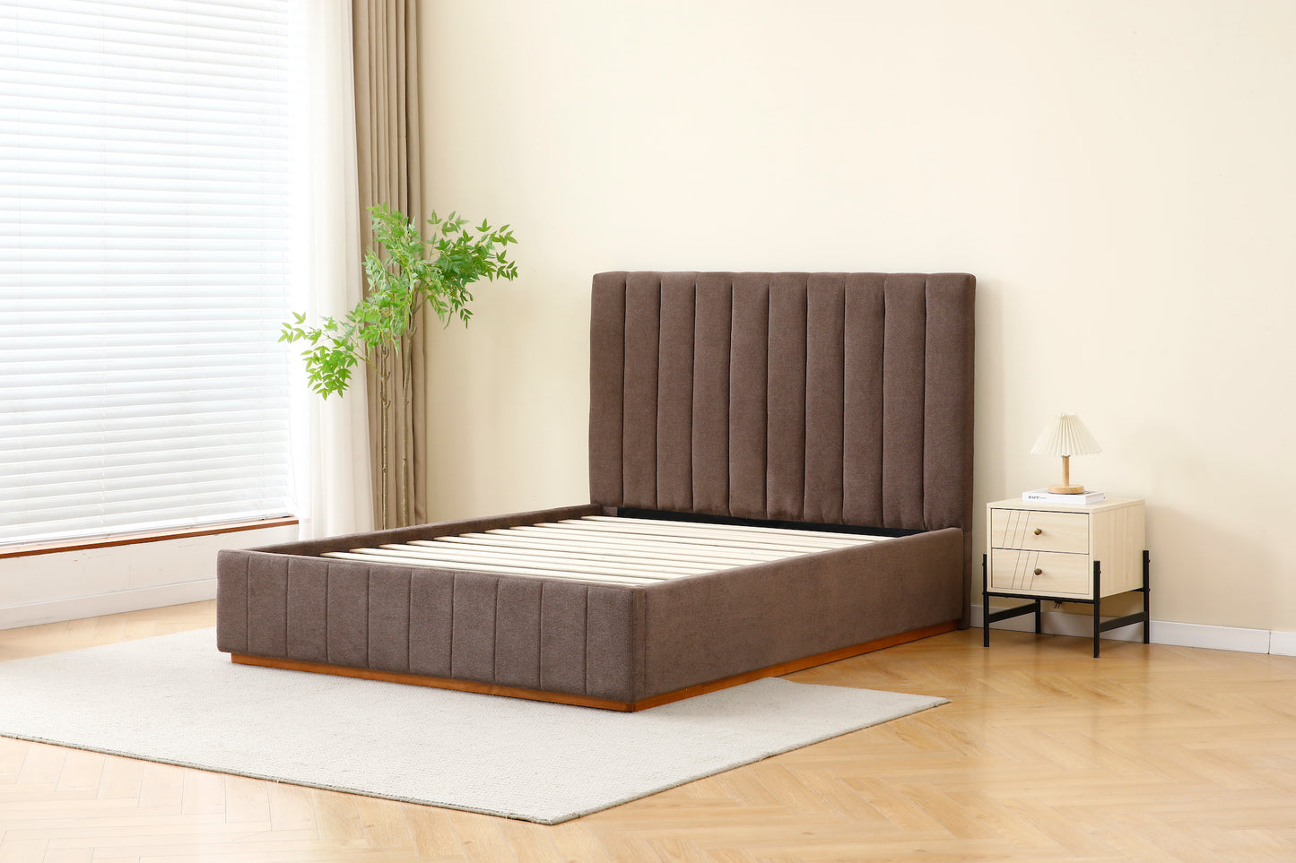 Brown Channel Tufted Linen Bed Frame