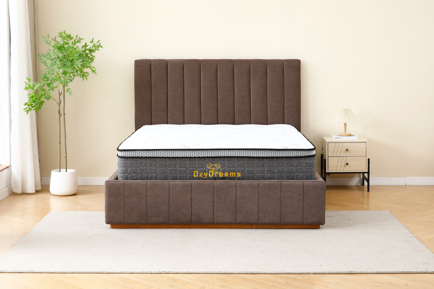 Brown Channel Bed Frame + White 30cm Pillow Top Bamboo Mattress