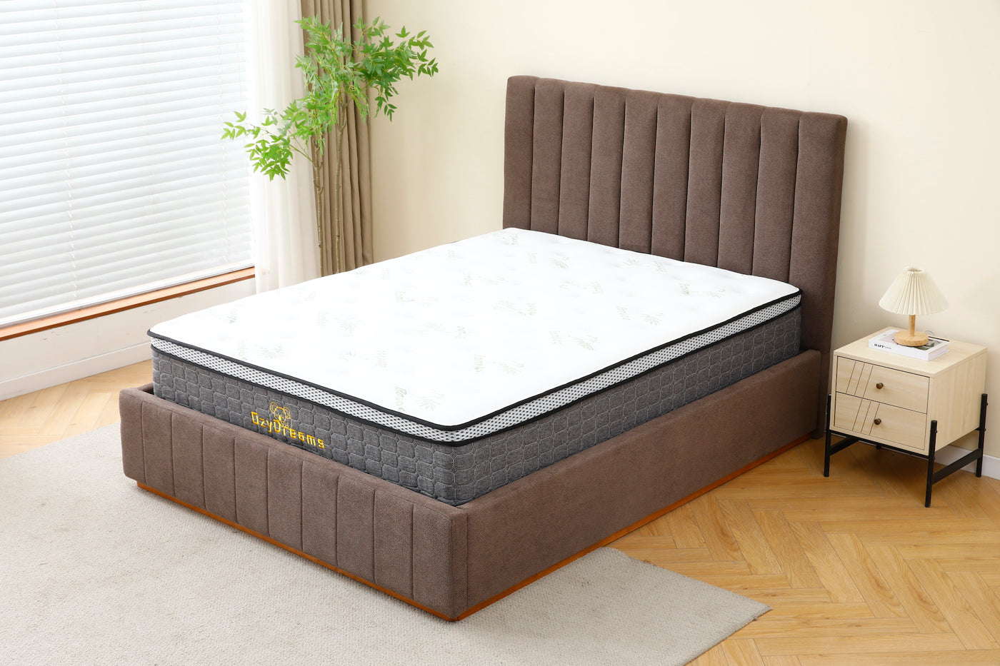 Brown Channel Bed Frame + White 30cm Pillow Top Bamboo Mattress