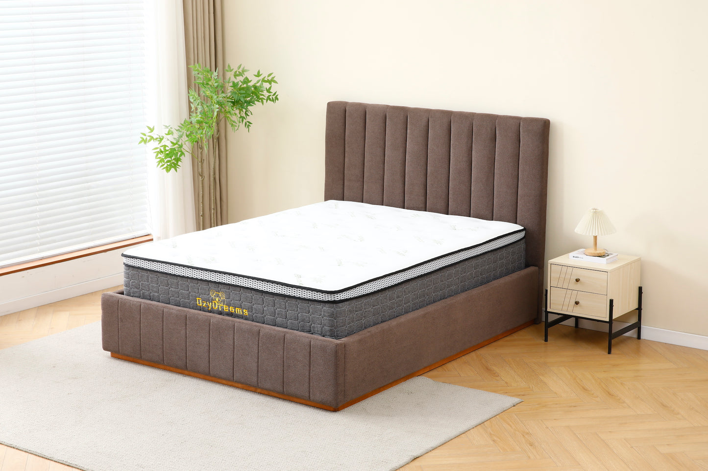 Brown Channel Bed Frame + White 30cm Pillow Top Bamboo Mattress (Queen Size)