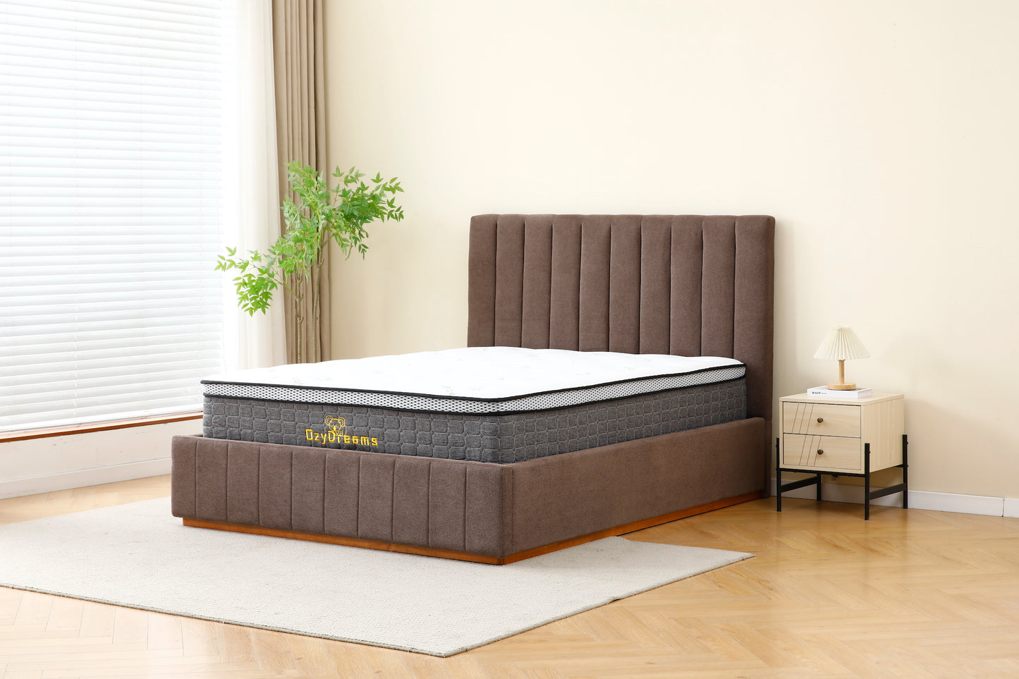 Brown Channel Bed Frame + White 30cm Pillow Top Bamboo Mattress (Queen Size)