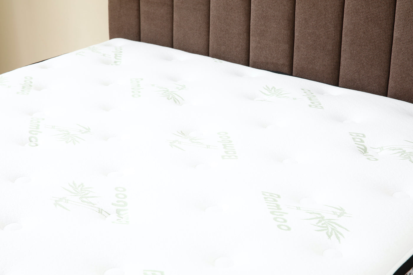 Brown Channel Bed Frame + White 30cm Pillow Top Bamboo Mattress
