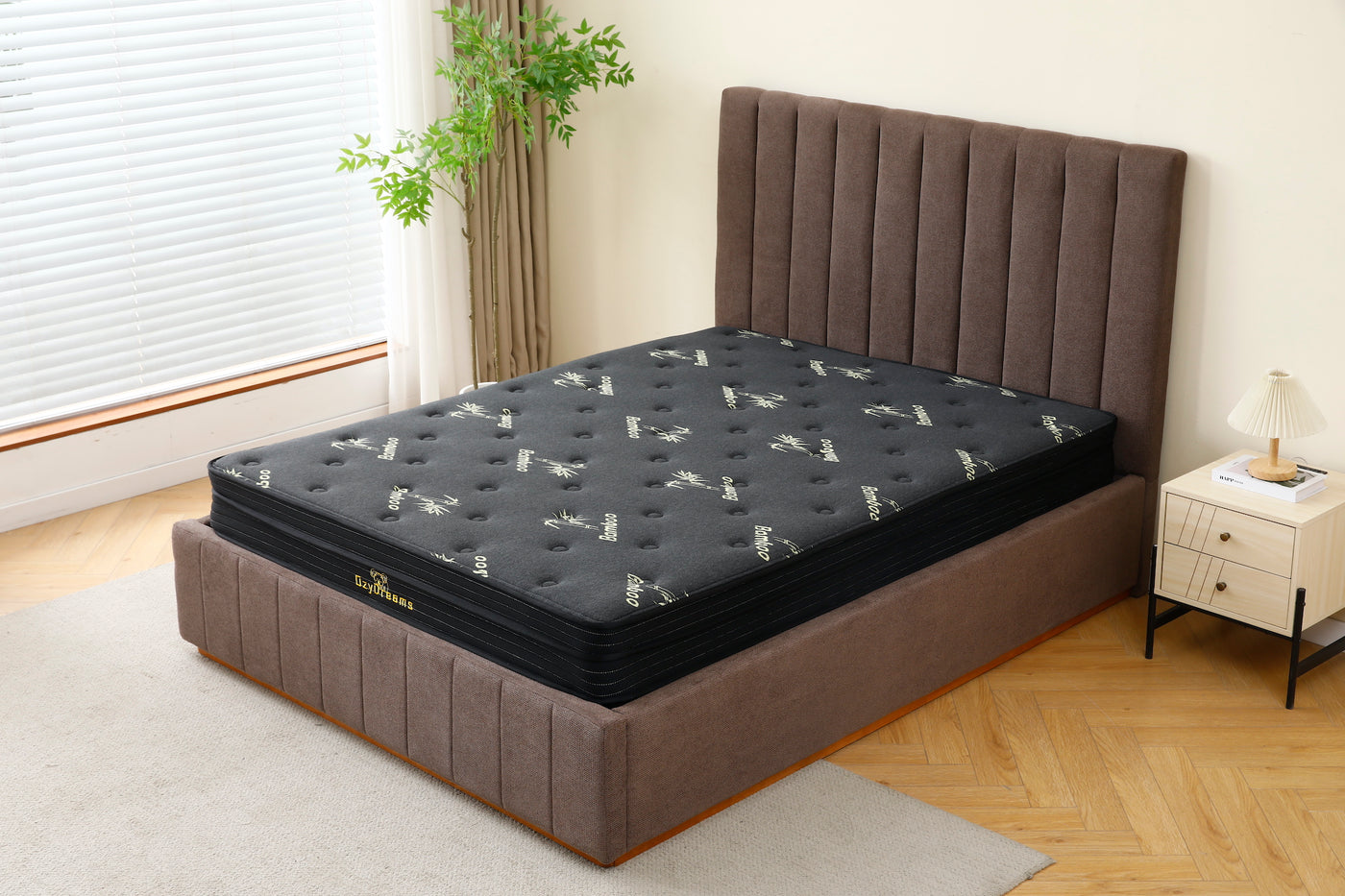 Brown Channel Bed Frame + Charcoal 20cm Bamboo Mattress