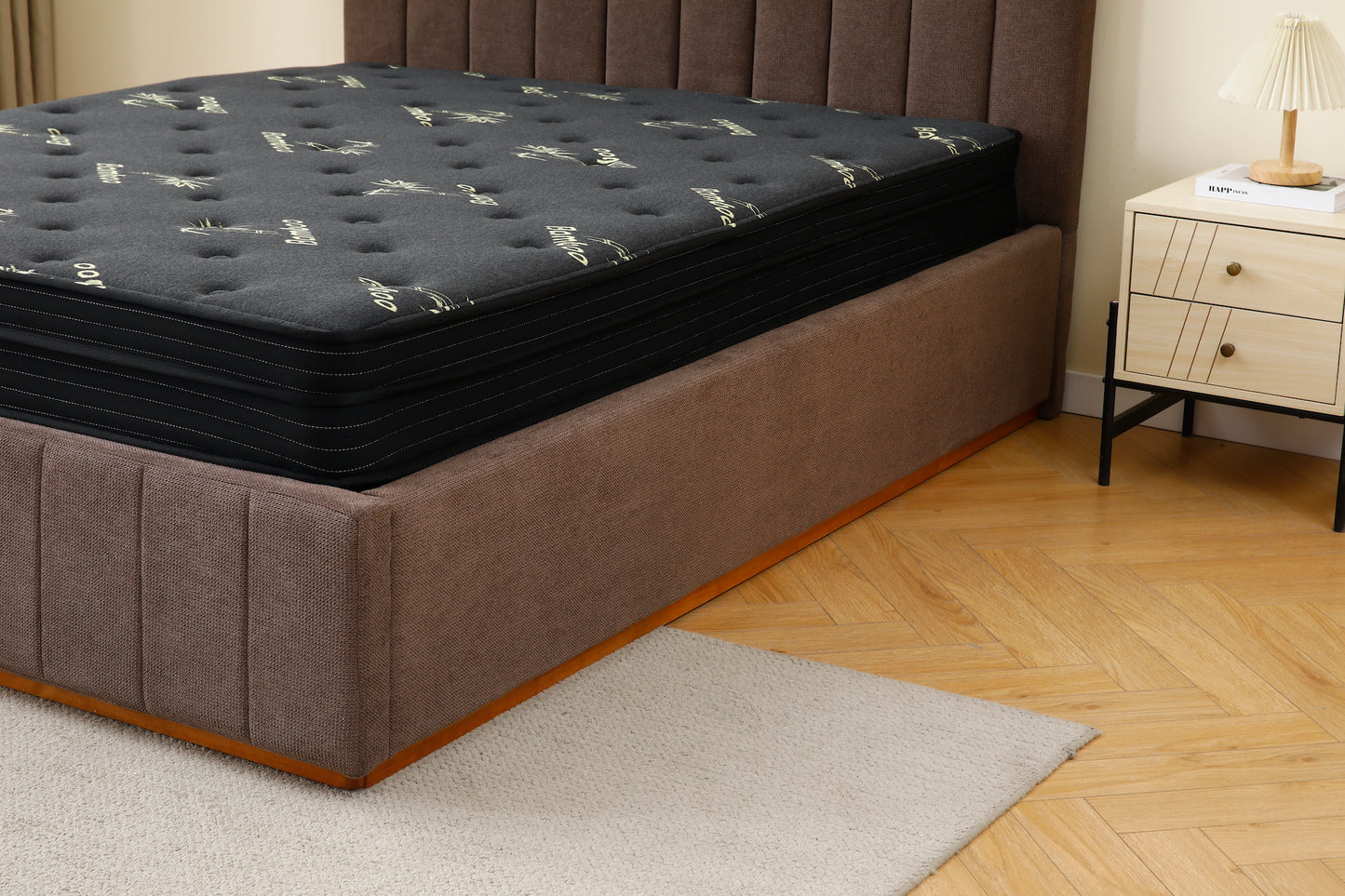 Brown Channel Bed Frame + Charcoal 20cm Bamboo Mattress （Queen Size)