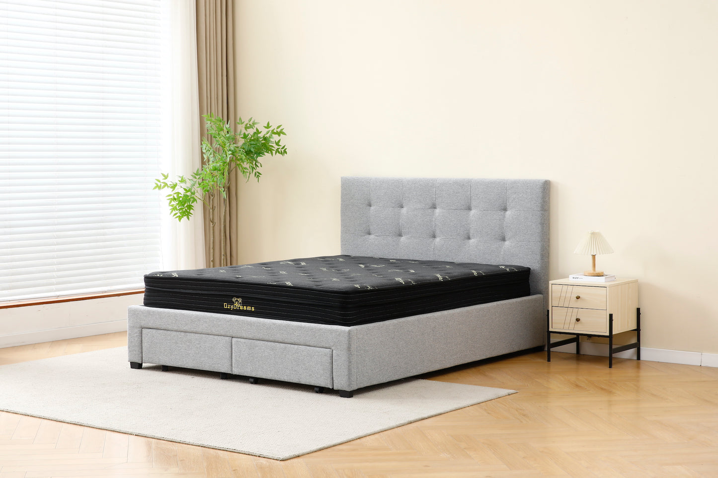 Tiffany Bed (With Drawers) + Charcoal 20cm Bamboo Mattress (Queen Size)