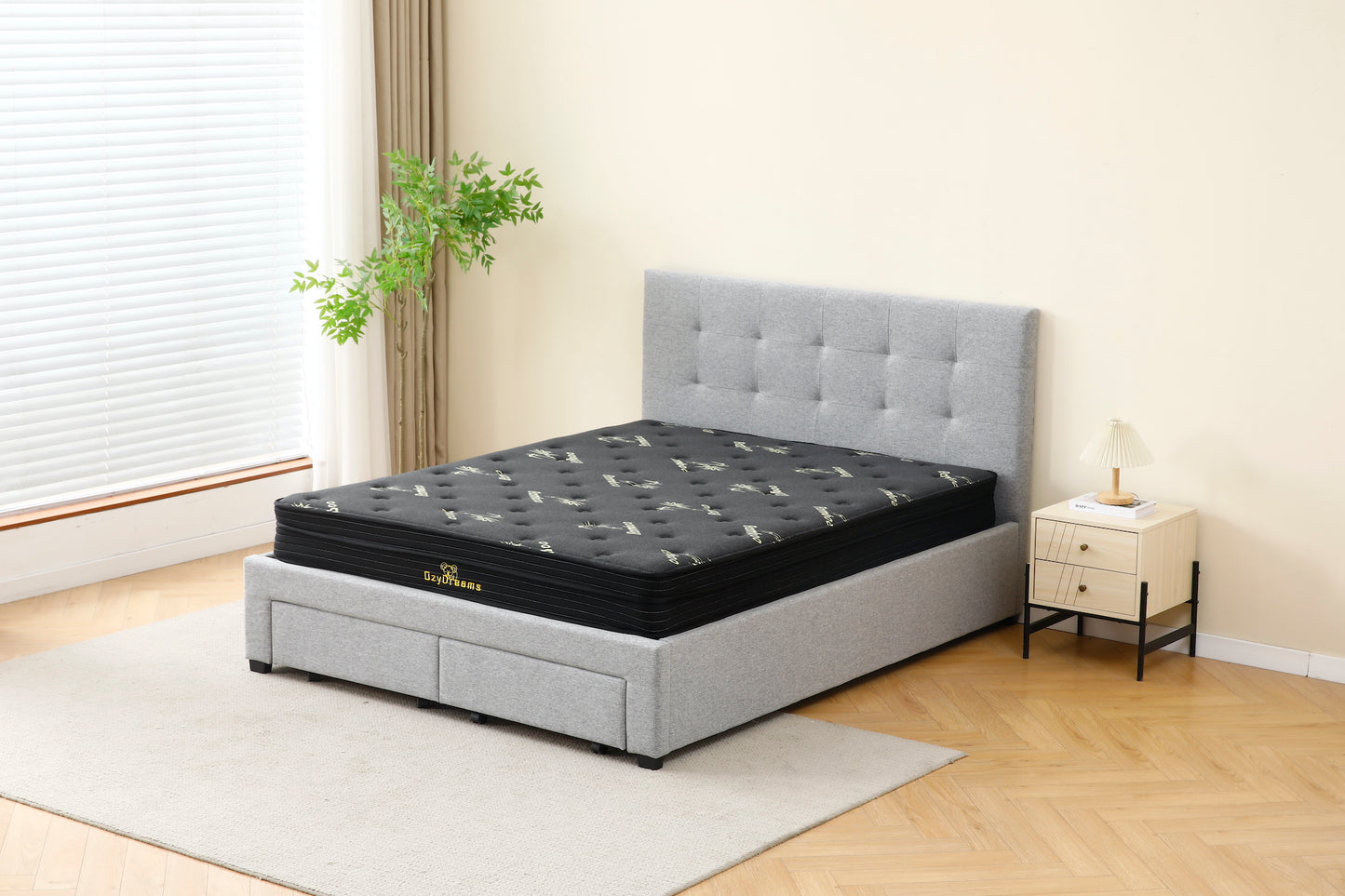 Tiffany Bed (With Drawers) + Charcoal 20cm Bamboo Mattress (Queen Size)