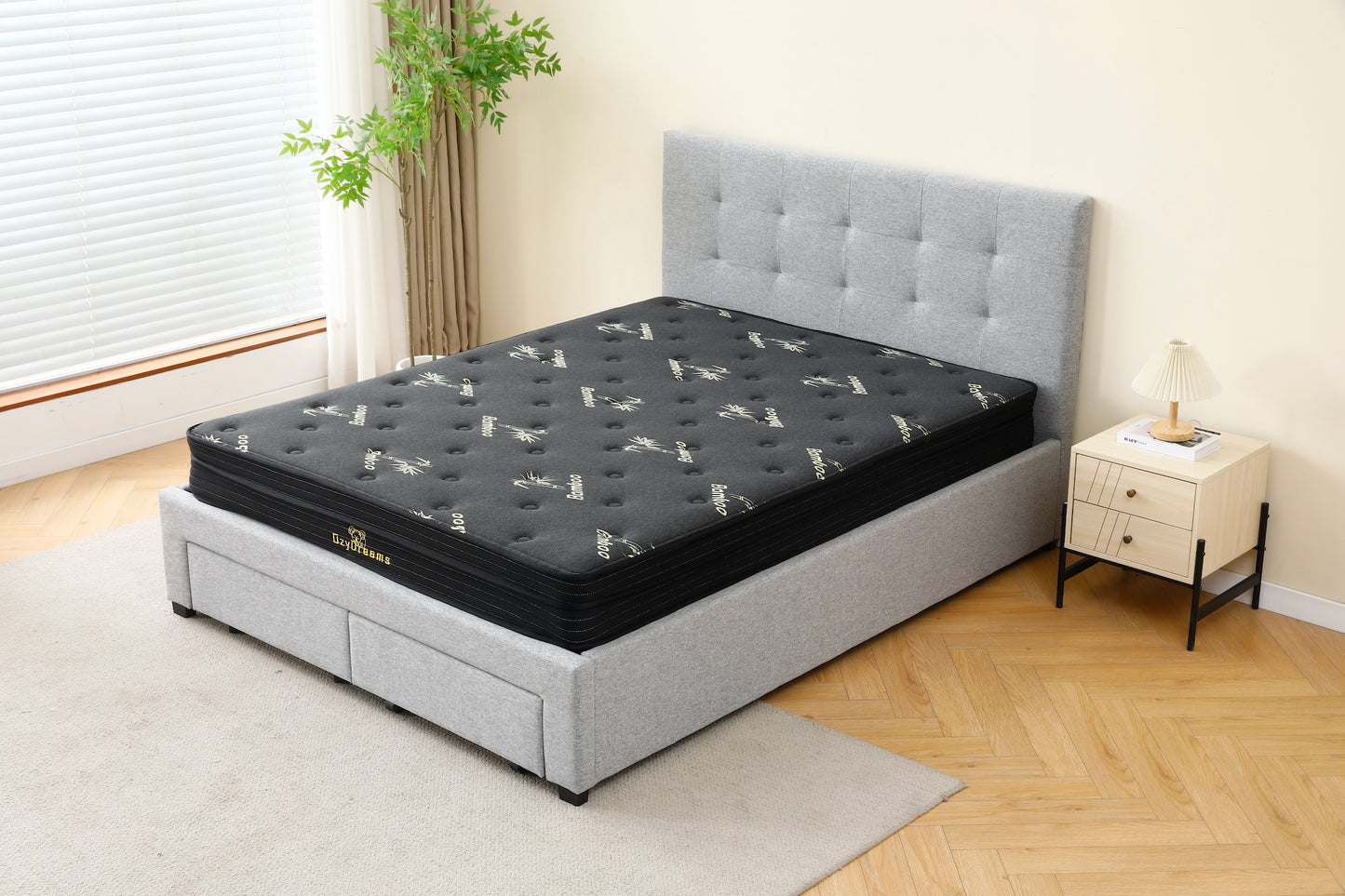 Tiffany Bed (With Drawers) + Charcoal 20cm Bamboo Mattress (Queen Size)