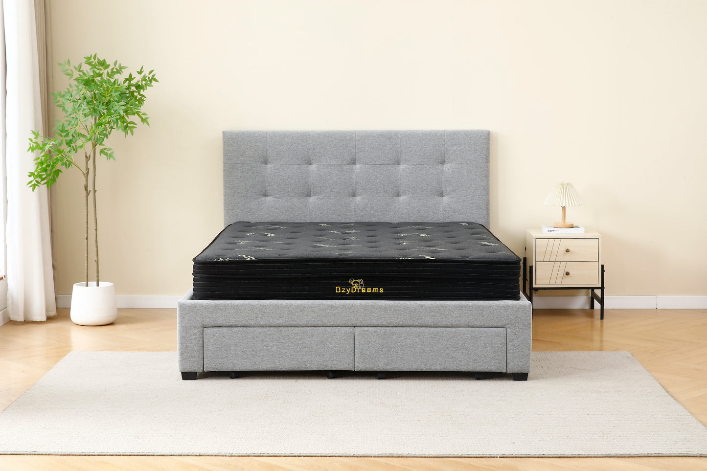 Tiffany Bed (With Drawers) + Charcoal 20cm Bamboo Mattress (Queen Size)