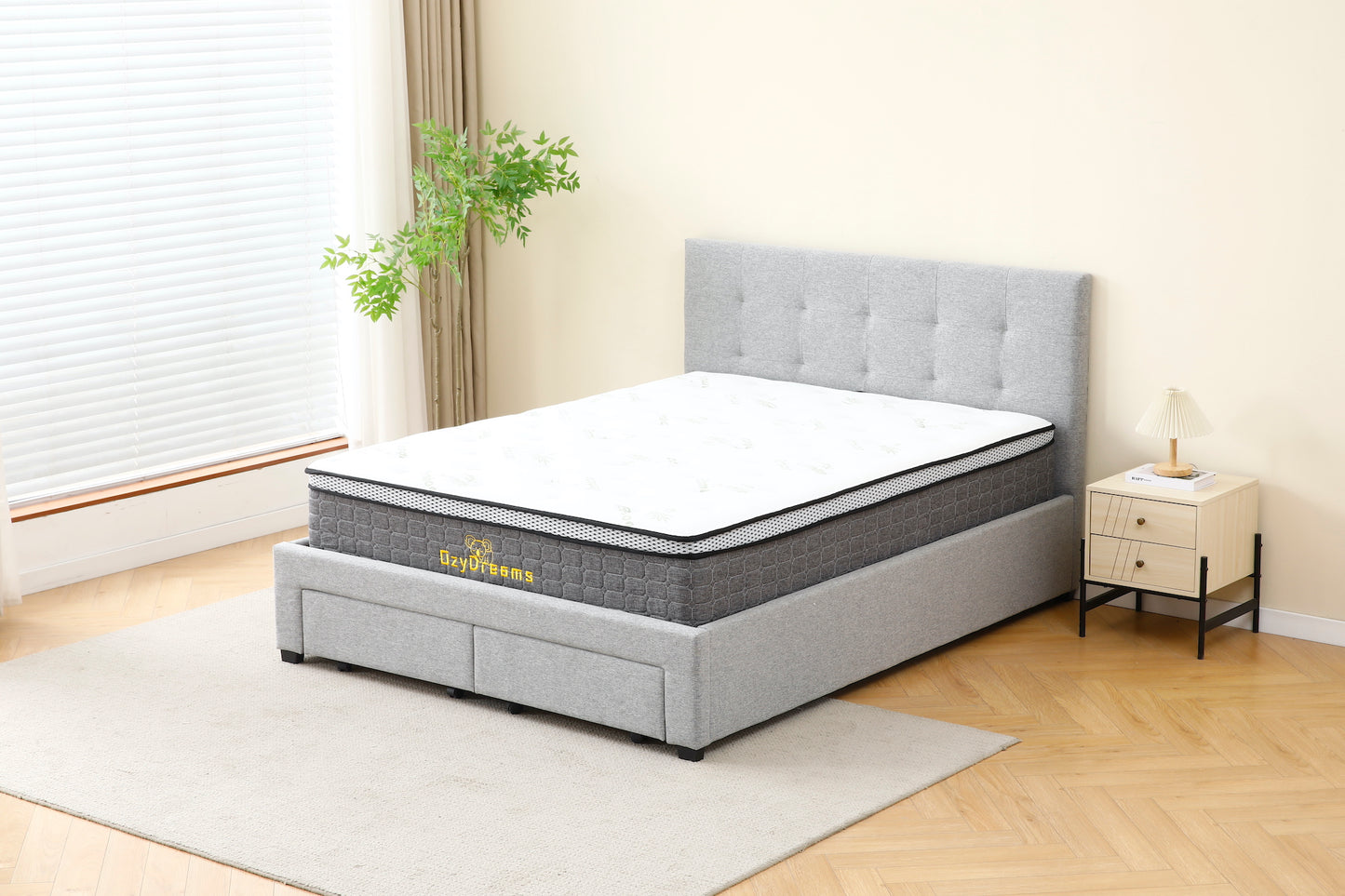 Tiffany Bed (With Drawers) + 30cm Bamboo Pillow Top Mattress (Queen Size)