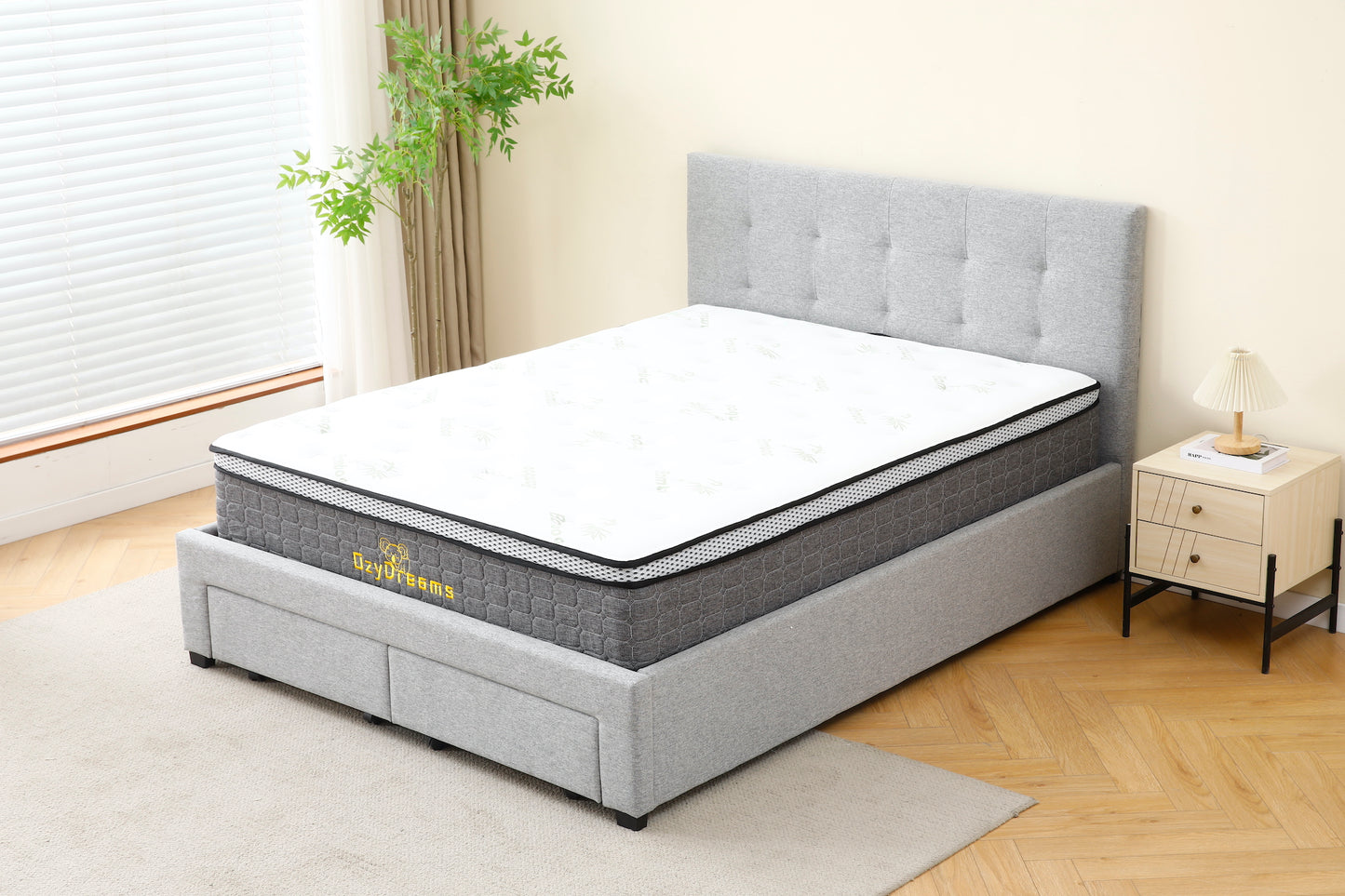 Tiffany Bed (With Drawers) + 30cm Bamboo Pillow Top Mattress (Queen Size)