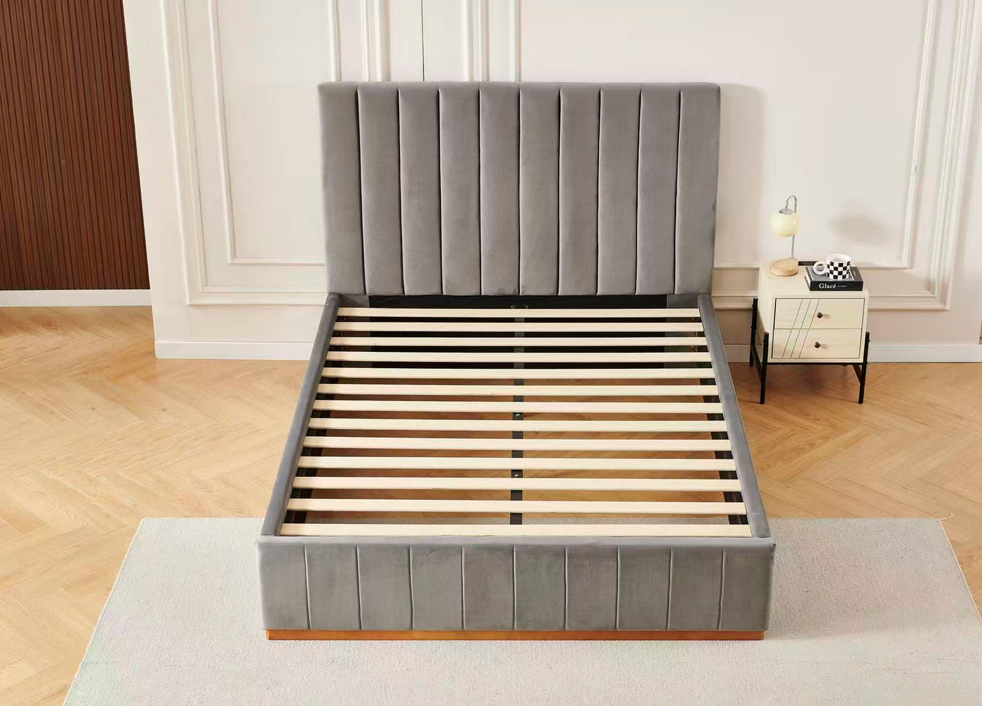 Grey Channel Tufted Velvet Bed Frame