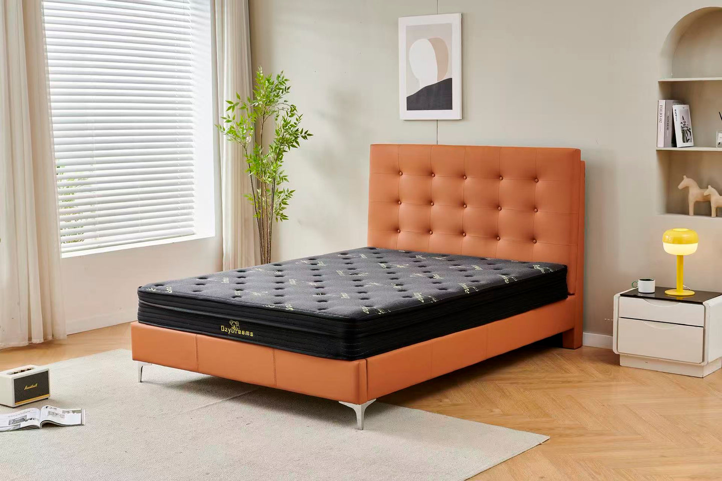 Orange Tiffany upholstered bed + Charcoal 20cm bamboo mattress