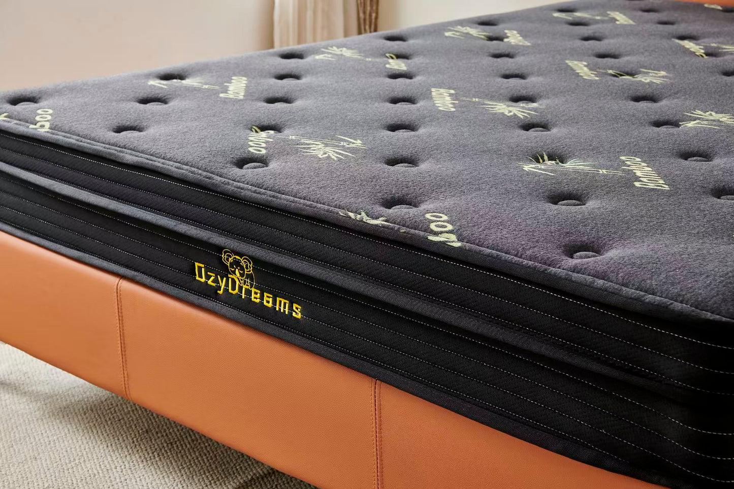 Orange Tiffany upholstered bed + Charcoal 20cm bamboo mattress