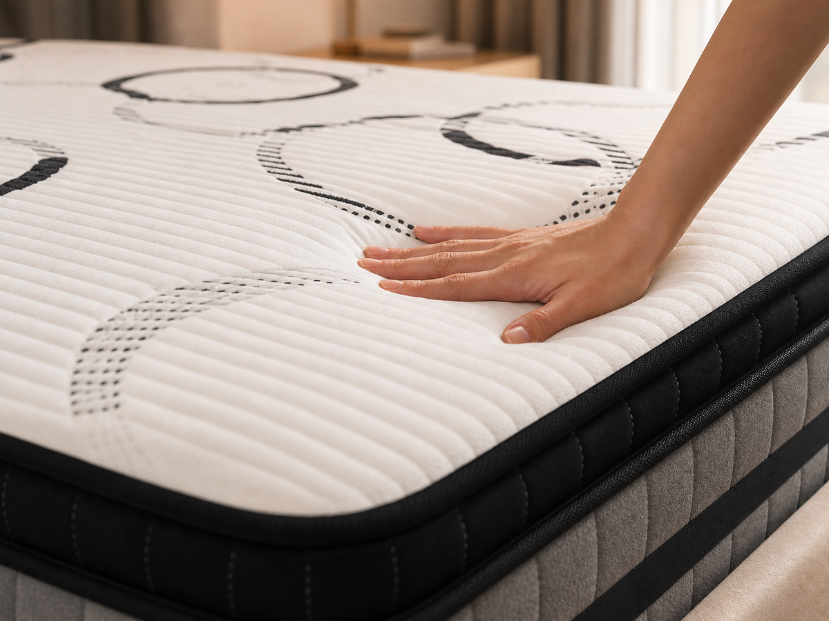 A hand gently pressing the quilted mattress comfort surface