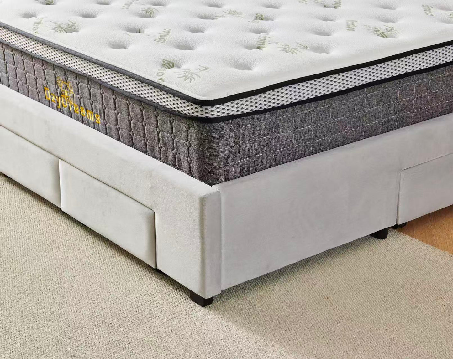 Tufted Bed Frame Light Grey (4 Drawers) + 30cm Pillow Top Bamboo Mattress