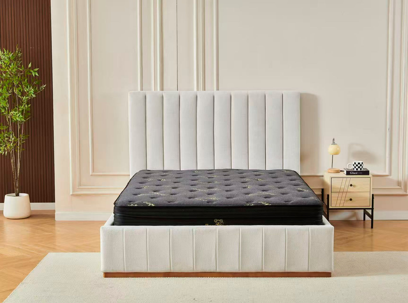 OzyDreams Beige Channel Bed Frame + Charcoal 20cm Bamboo Mattress