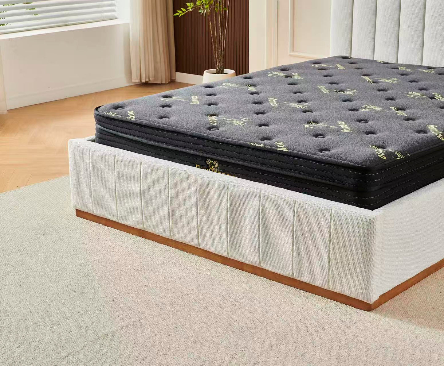 Beige Channel Bed Frame + Charcoal 20cm Bamboo Mattress (Queen Size)