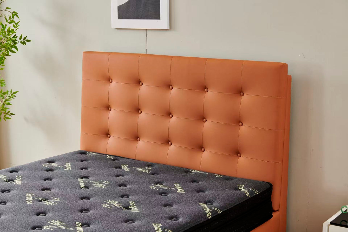 Orange Tiffany upholstered bed + Charcoal 20cm bamboo mattress