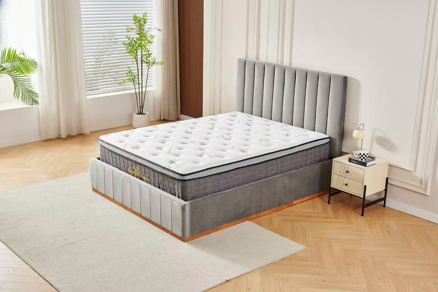 Grey Velvet Channel Bed Frame + White 30cm Pillow Top Bamboo Mattress