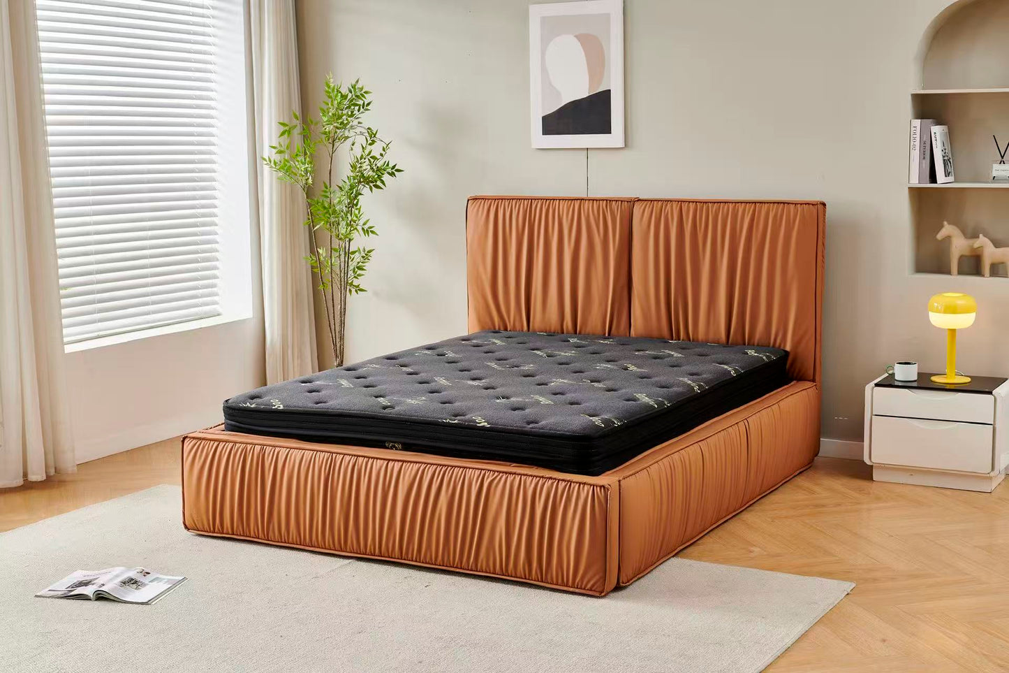 Orange Tiffany upholstered Pleat bed + Charcoal 20cm bamboo mattress