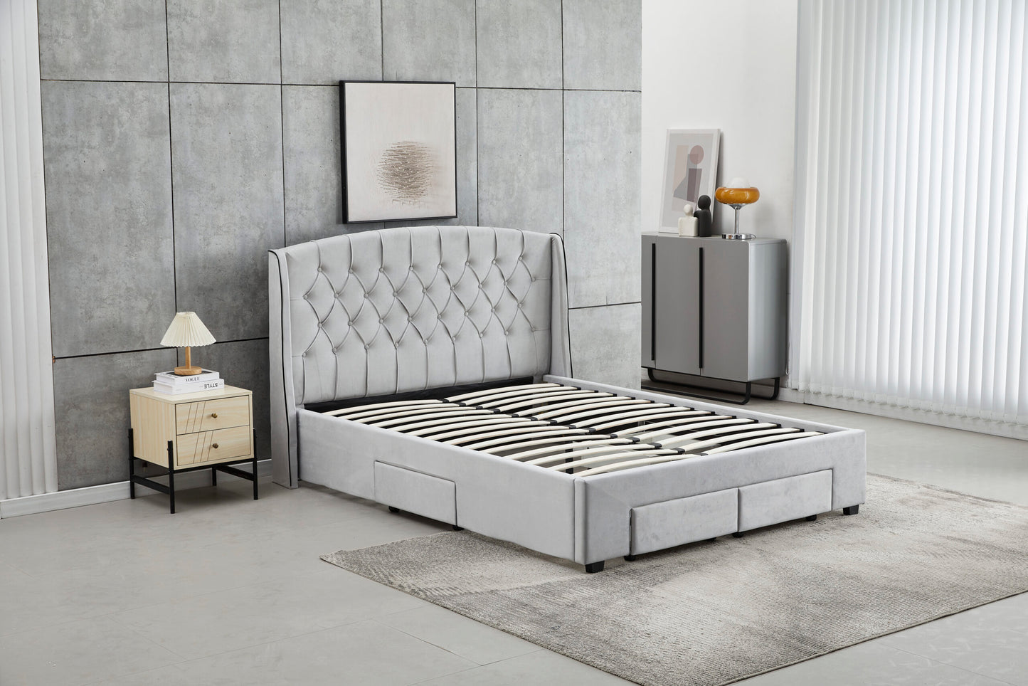 Tufted Bed Frame With Drawers Queen