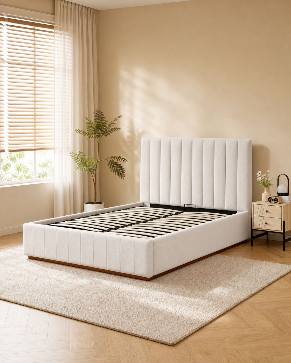 Gas Lift - Channel Tufted Linen Bed Frame