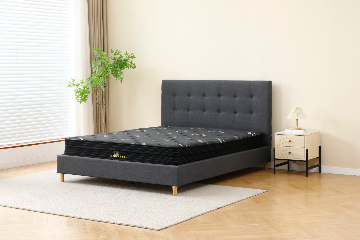 Dark Grey Tiffany upholstered bed + Charcoal 20cm bamboo mattress