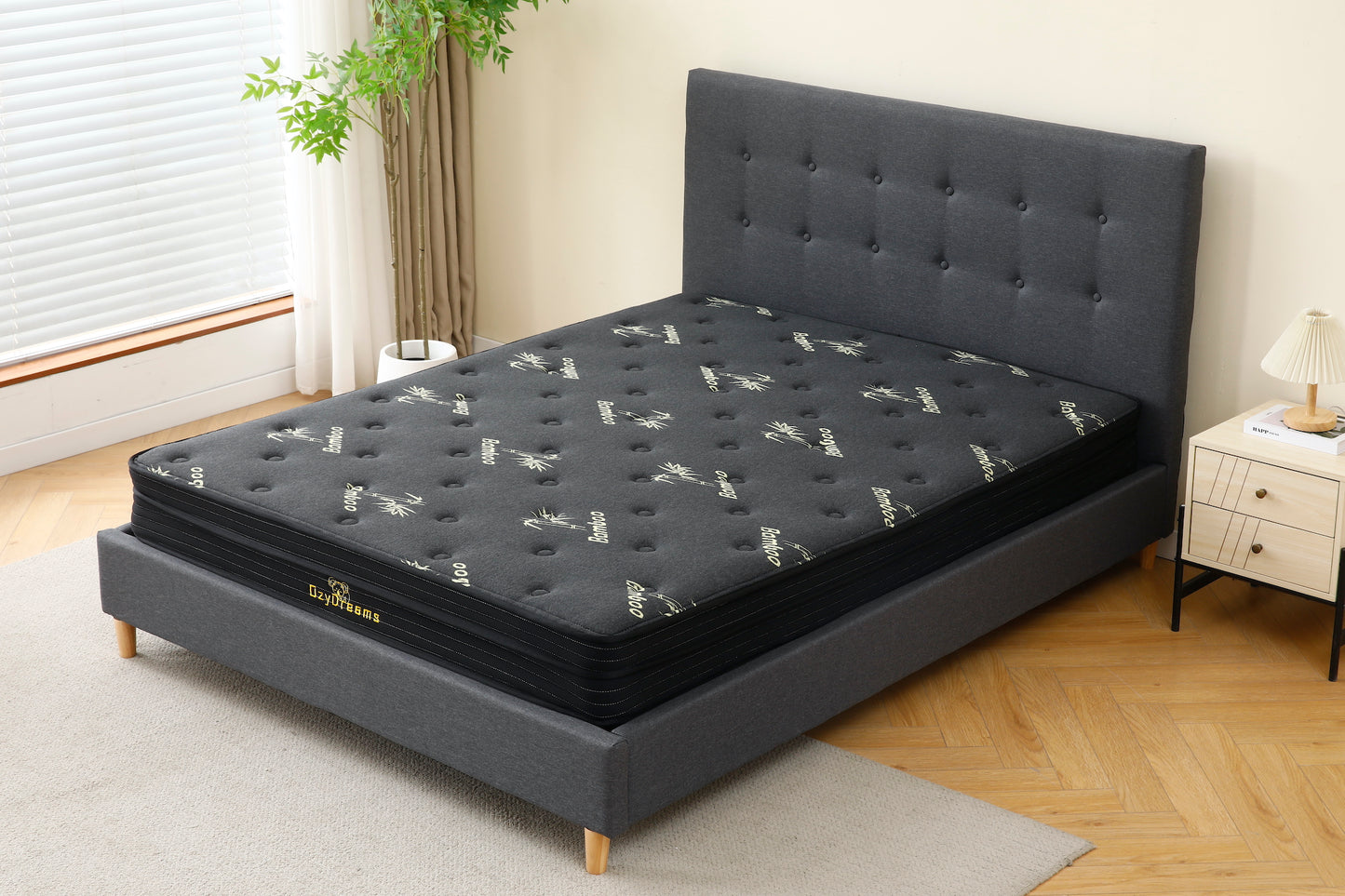 Dark Grey Tiffany upholstered bed + Charcoal 20cm bamboo mattress