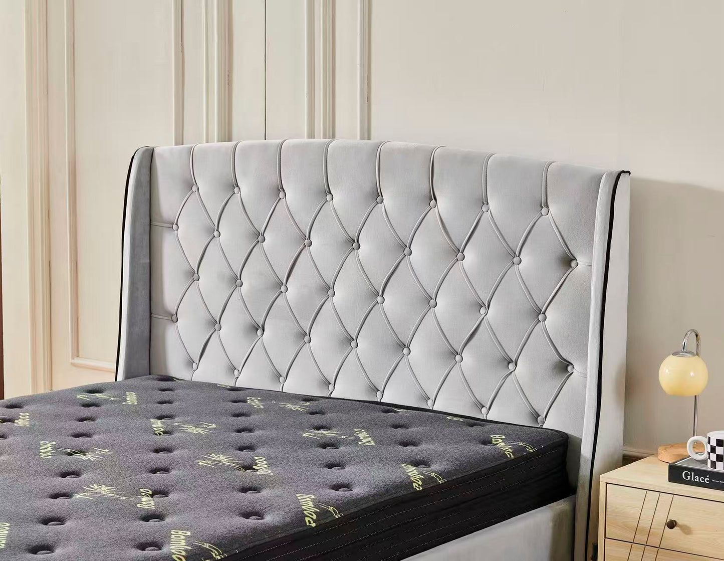 Tufted Bed Frame Light Grey (4 Drawers) + Charcoal 20cm Bamboo Mattress
