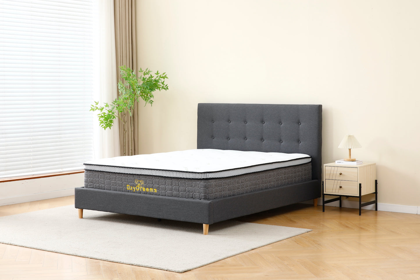 Dark Grey Tiffany upholstered bed + White 30cm pillow top bamboo mattress