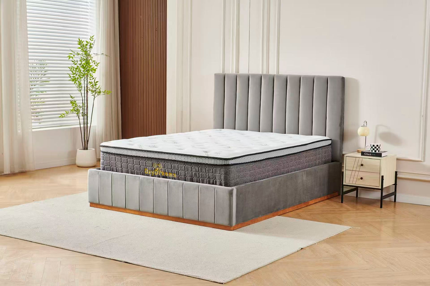 Grey Velvet Channel Bed Frame + White 30cm Pillow Top Bamboo Mattress