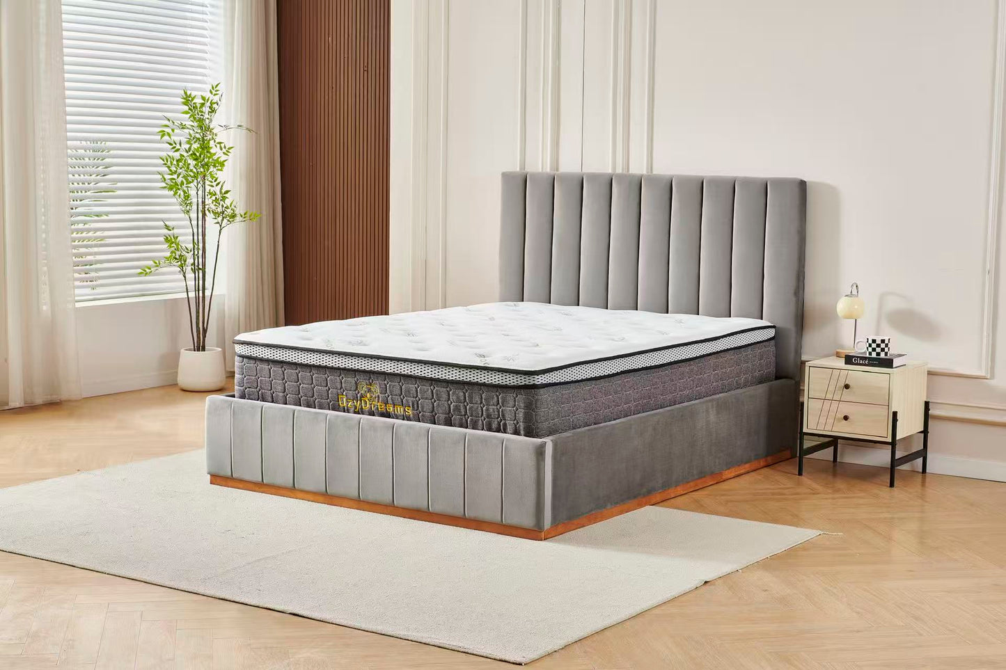 Grey Channel Bed Frame + White 30cm Pillow Top Bamboo Mattress (Queen Size)
