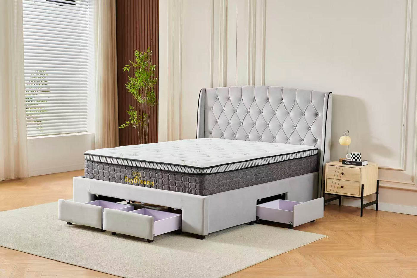 OzyDreams Tufted Bed Frame Light Grey (4 Drawers) + 30cm Pillow Top Bamboo Mattress
