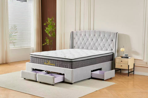 Tufted Bed Frame Light Grey (4 Drawers) + 30cm Pillow Top Bamboo Mattress