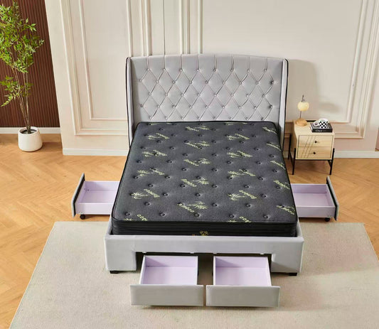 Tufted Bed Frame Light Grey (4 Drawers) + Charcoal 20cm Bamboo Mattress