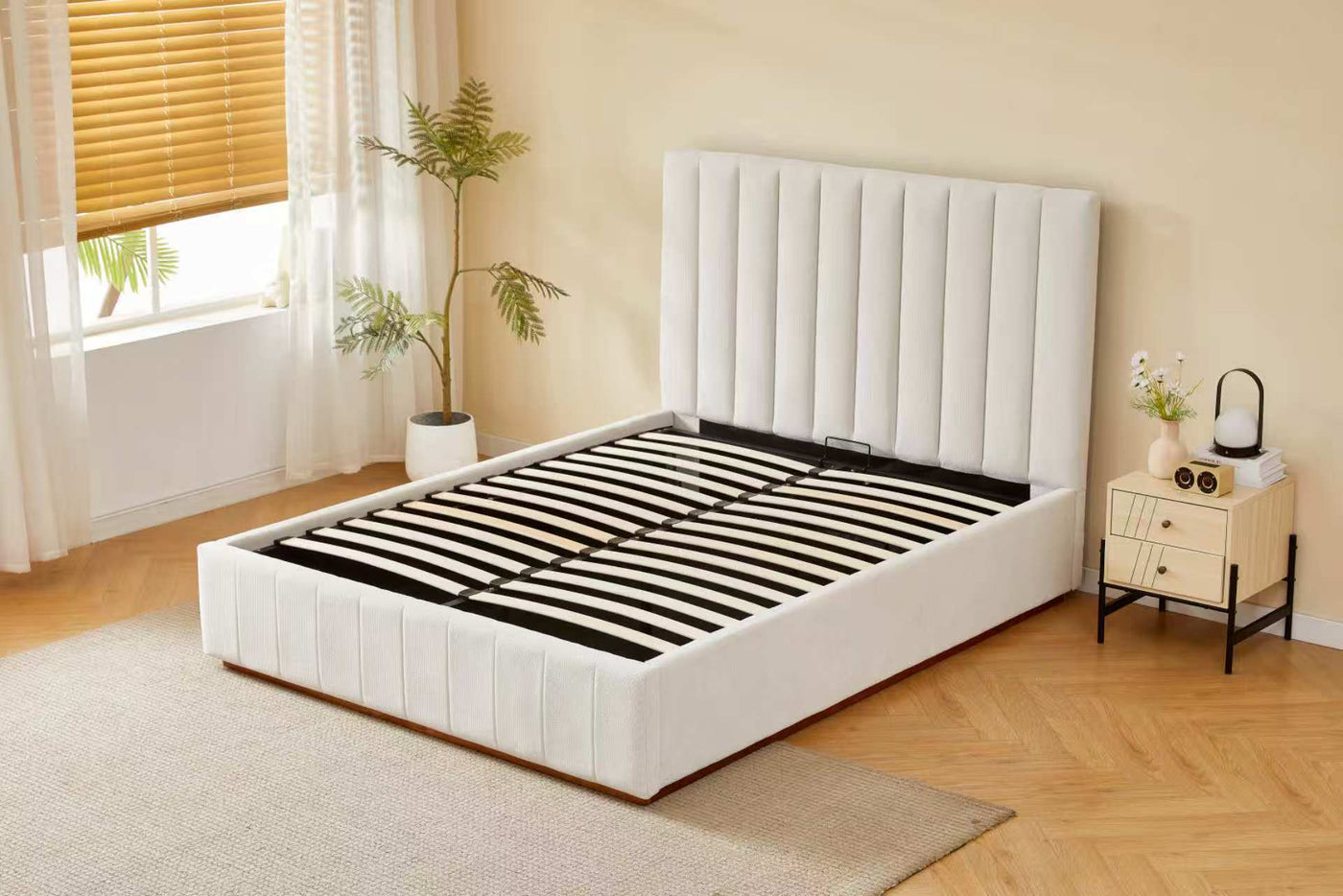 Gas Lift Beige Channel Bed Frame + 20cm Bamboo Mattress