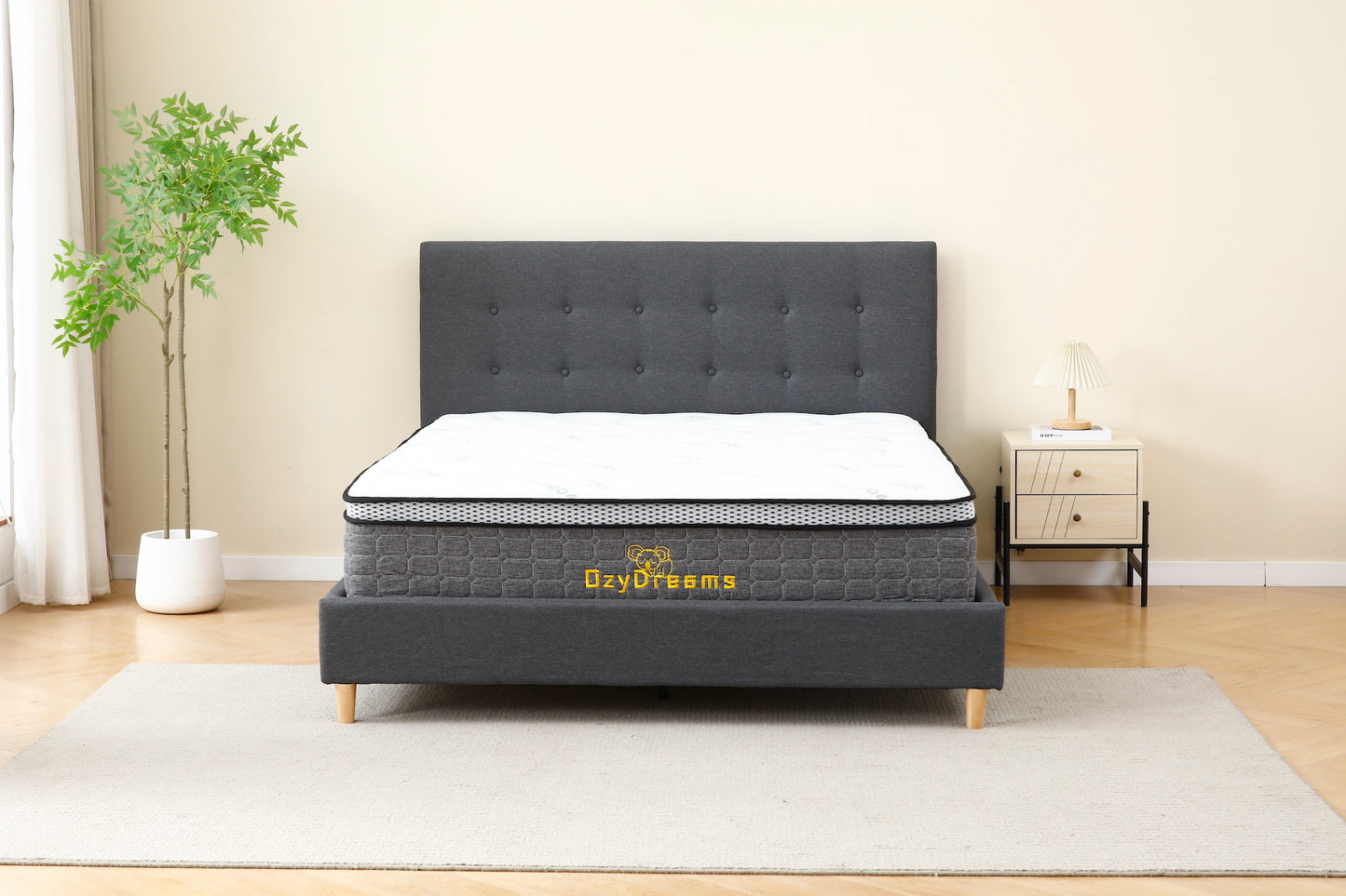 Dark Grey Tiffany upholstered bed + White 30cm pillow top bamboo mattress