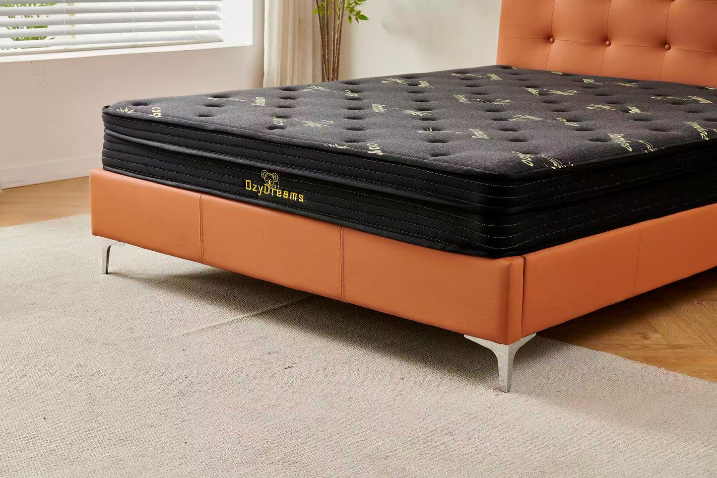 Orange Tiffany upholstered bed + Charcoal 20cm bamboo mattress