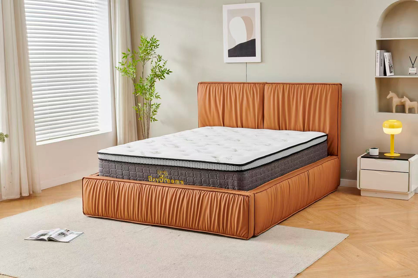 Orange Tiffany upholstered Pleat bed + White 30cm pillow top bamboo mattress