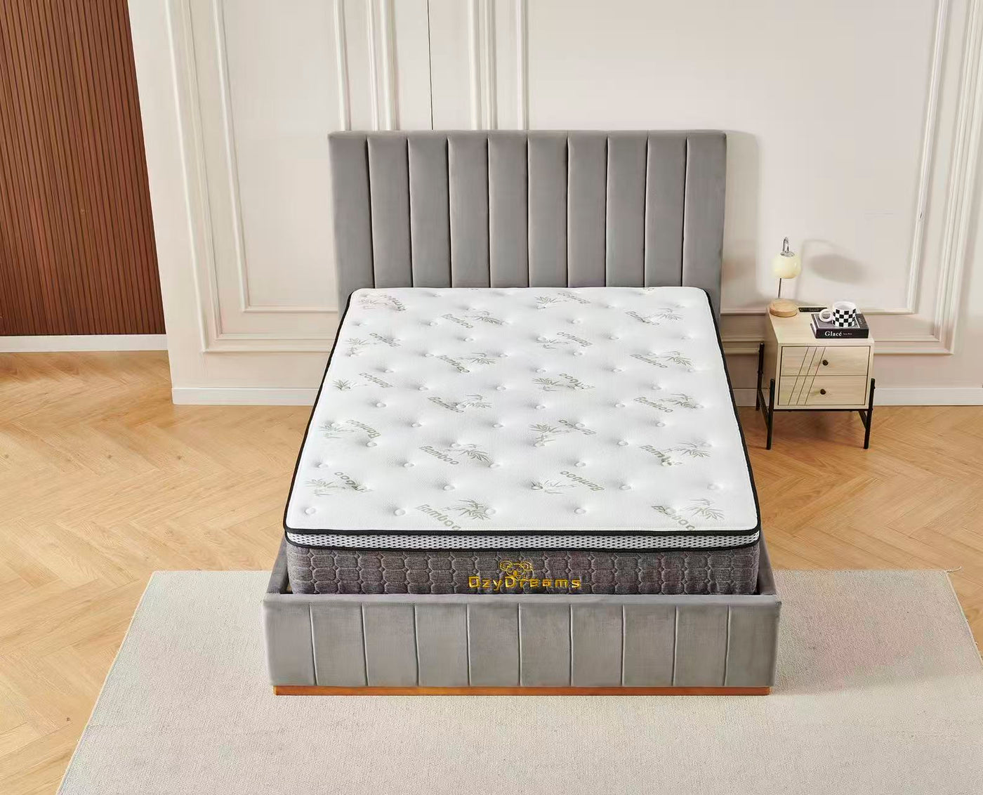 Grey Velvet Channel Bed Frame + White 30cm Pillow Top Bamboo Mattress