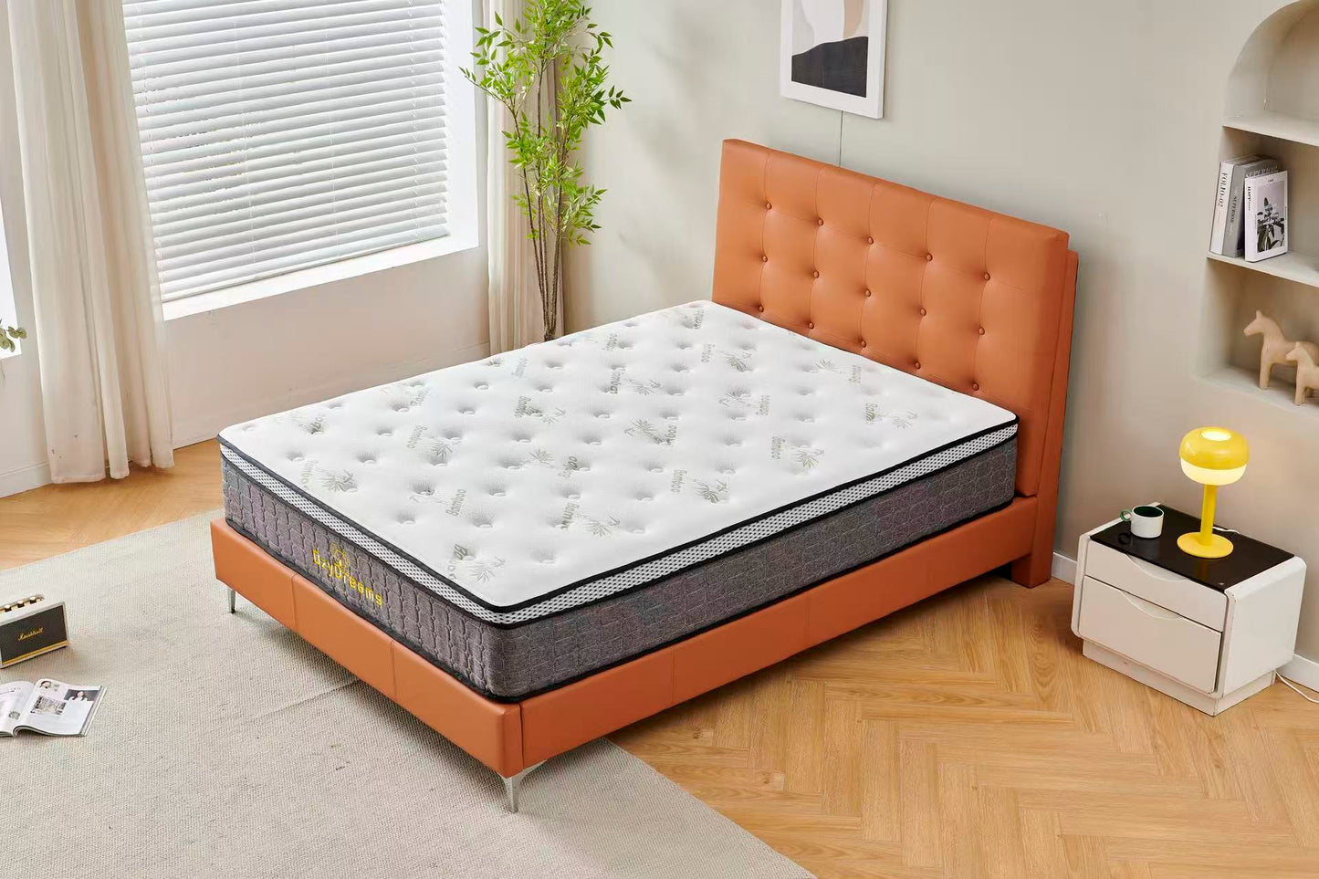 Orange Tiffany upholstered bed + White 30cm pillow top bamboo mattress