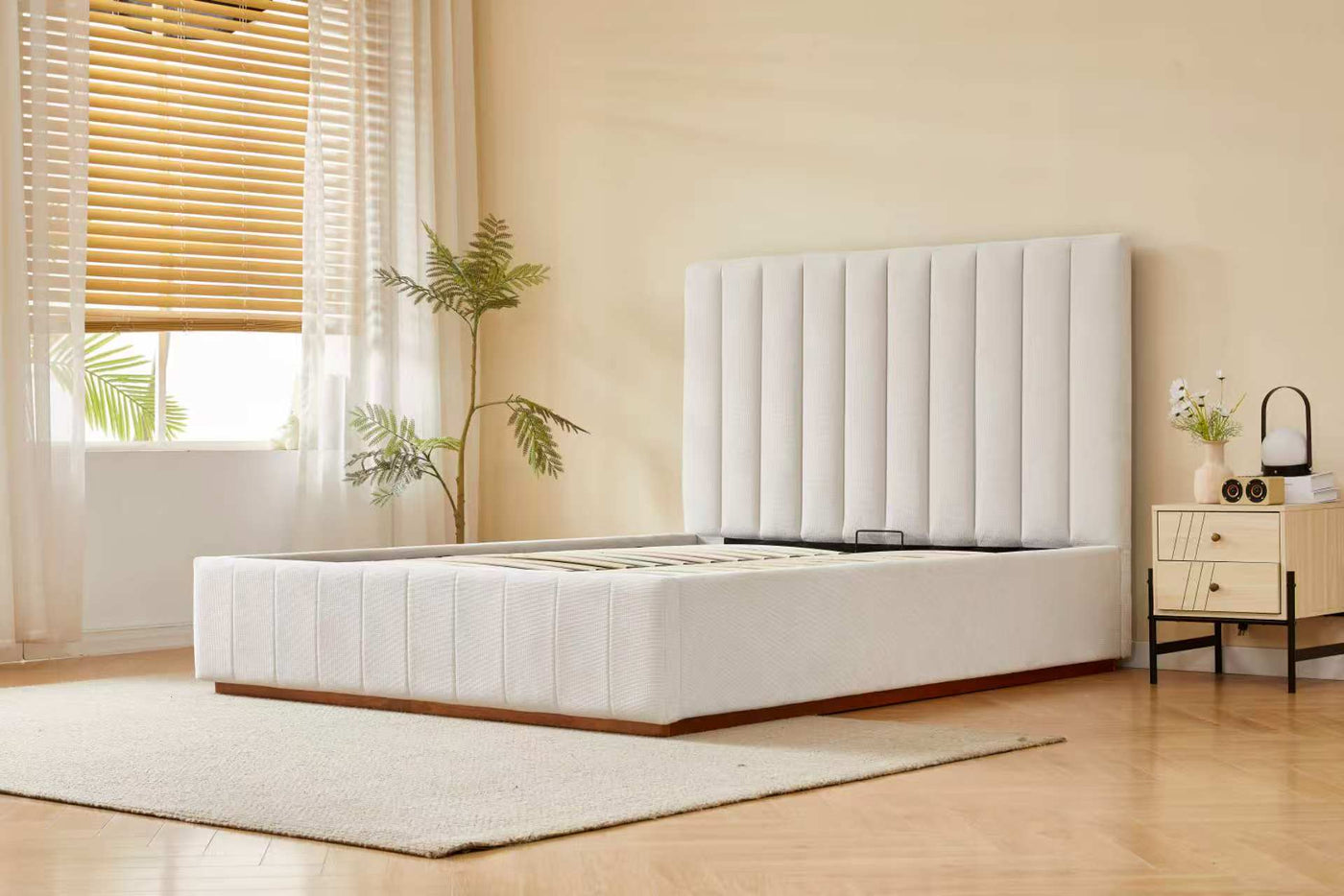 Gas Lift Beige Channel Bed Frame + 20cm Bamboo Mattress