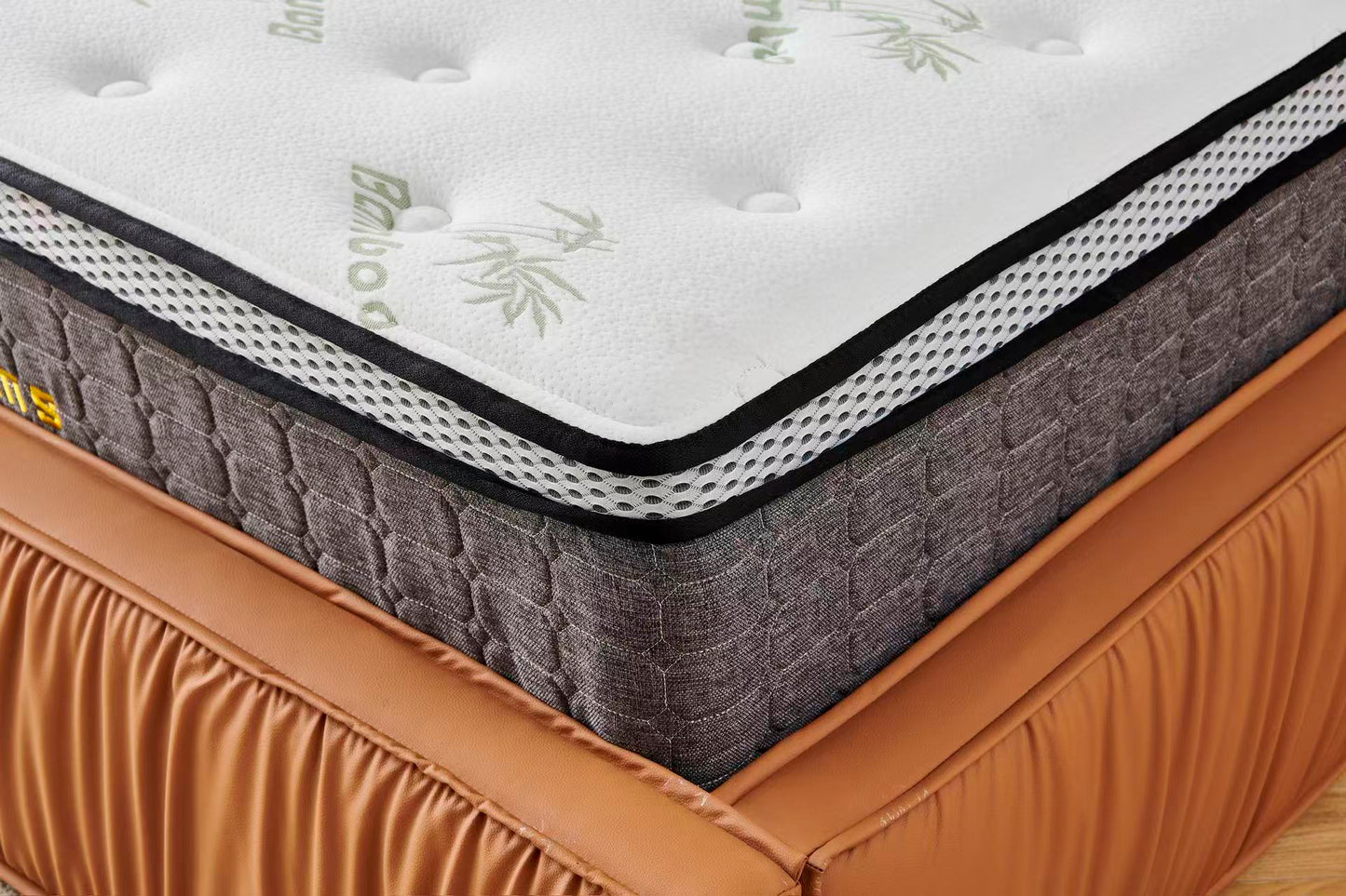 Orange Tiffany upholstered Pleat bed + White 30cm pillow top bamboo mattress