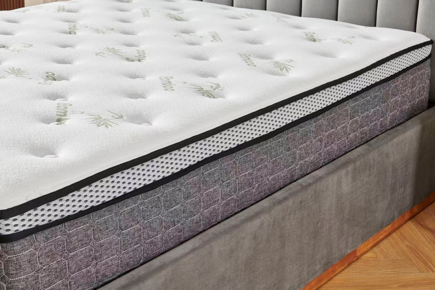 Grey Velvet Channel Bed Frame + White 30cm Pillow Top Bamboo Mattress